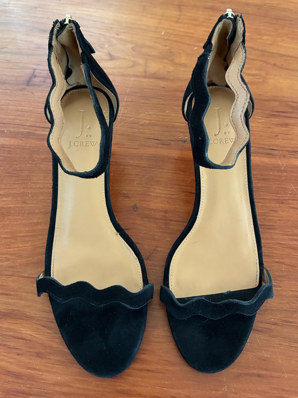 J. Crew Black Suede Scalloped Kitten Ankle-Strap Heels
